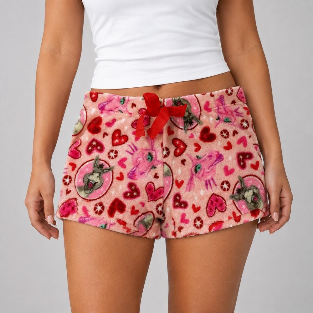 DreamWorks Shrek Pajama Shorts Womens Large Pink Plush Fleece Lounge